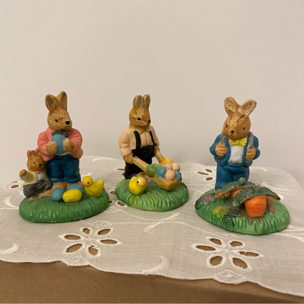 Ceramic Spring Time Bunnies Set of Three Delton Product Corp. Hand Painted